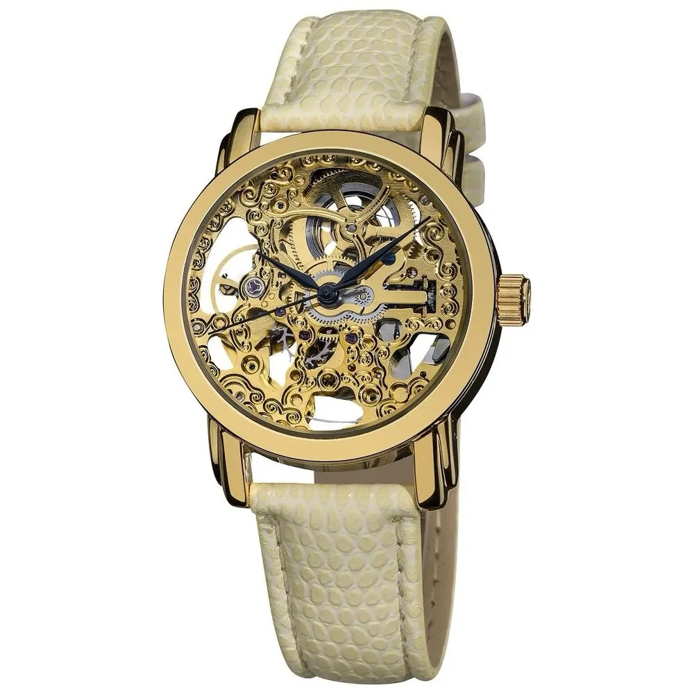 $450 Akribos XXIV AK431YG-A Automatic Skeleton Watch Krysterna Crystal Leather